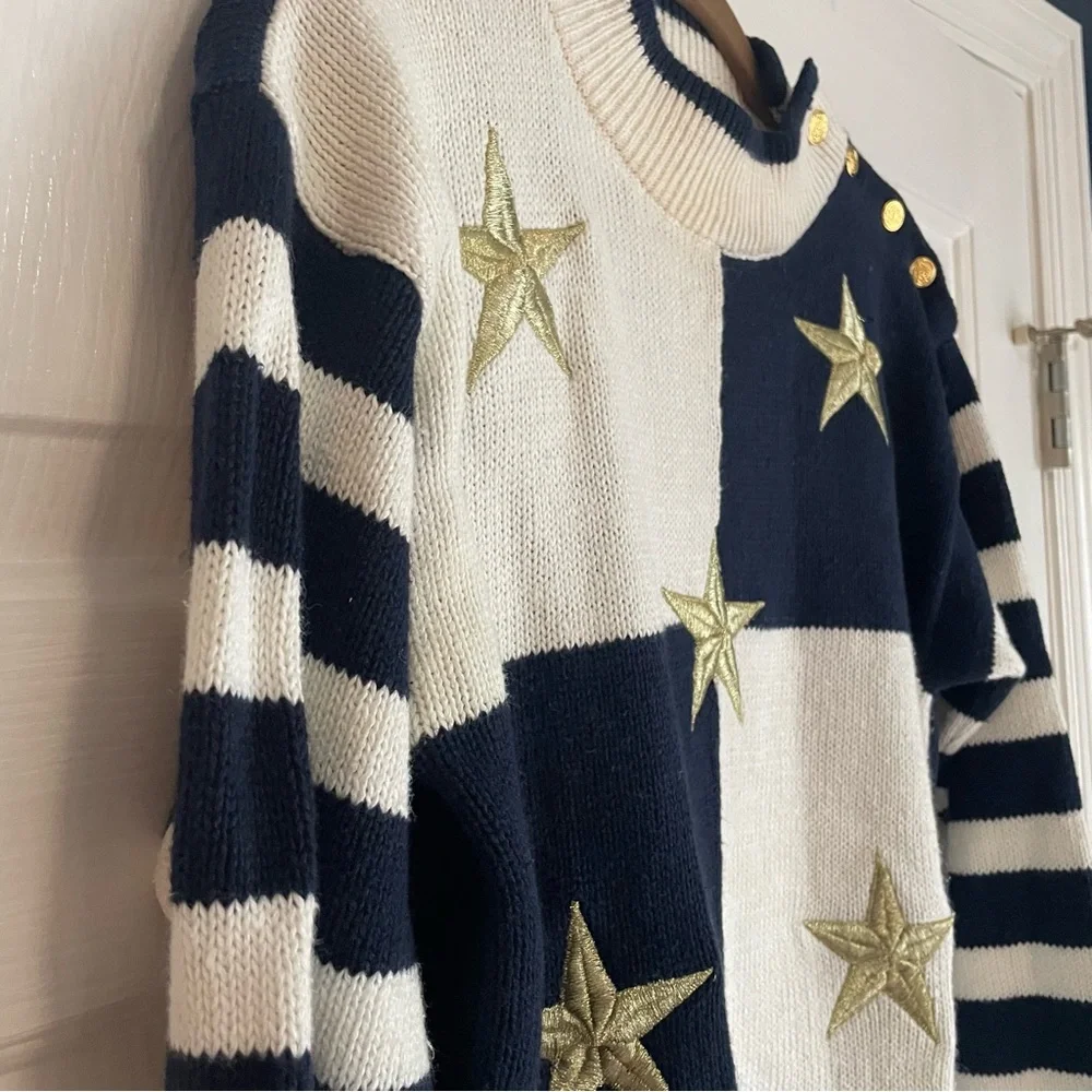Maurada Vintage Nautical Coastal Stars Navy and White Striped Sweater - Picture 4 of 7